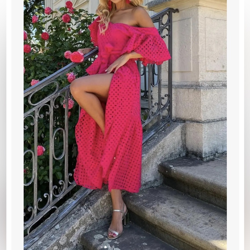 ZARA Hot Pink Eyelet Midi Ruffle Tier Dress Size Small Blogger Favorite